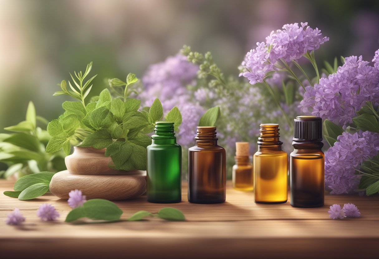 Aromatherapy scene: Bottles of essential oils arranged on a wooden table with soft lighting, surrounded by fresh herbs and flowers