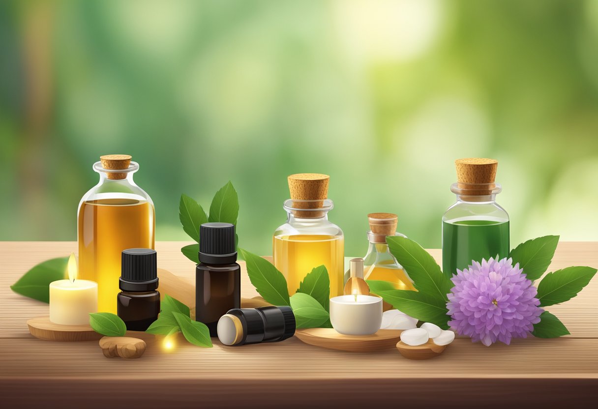 Aromatherapy tools and essential oils arranged on a wooden table with soft lighting and natural elements in the background