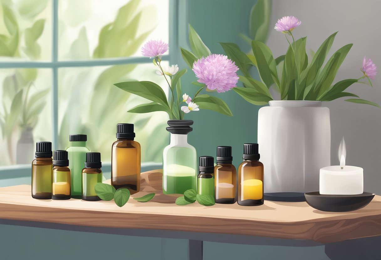 Aromatherapy treatment with essential oils for specific conditions. A serene setting with diffuser, bottles of oils, and calming decor