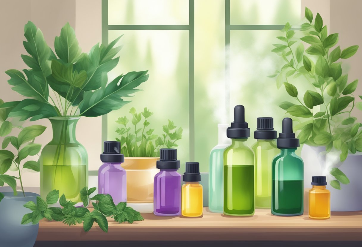 Aromatherapy scene: A tranquil room with diffuser emitting aromatic mist, surrounded by bottles of essential oils and fresh herbs