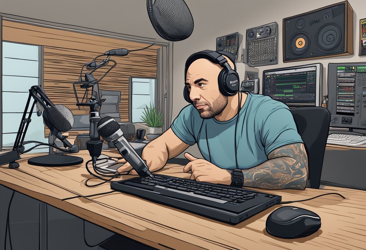 Joe Rogan recording a podcast in a studio, surrounded by UFC memorabilia and equipment. Microphones and headphones are set up on a table, while a computer screen displays the "Frequently Asked Questions" title
