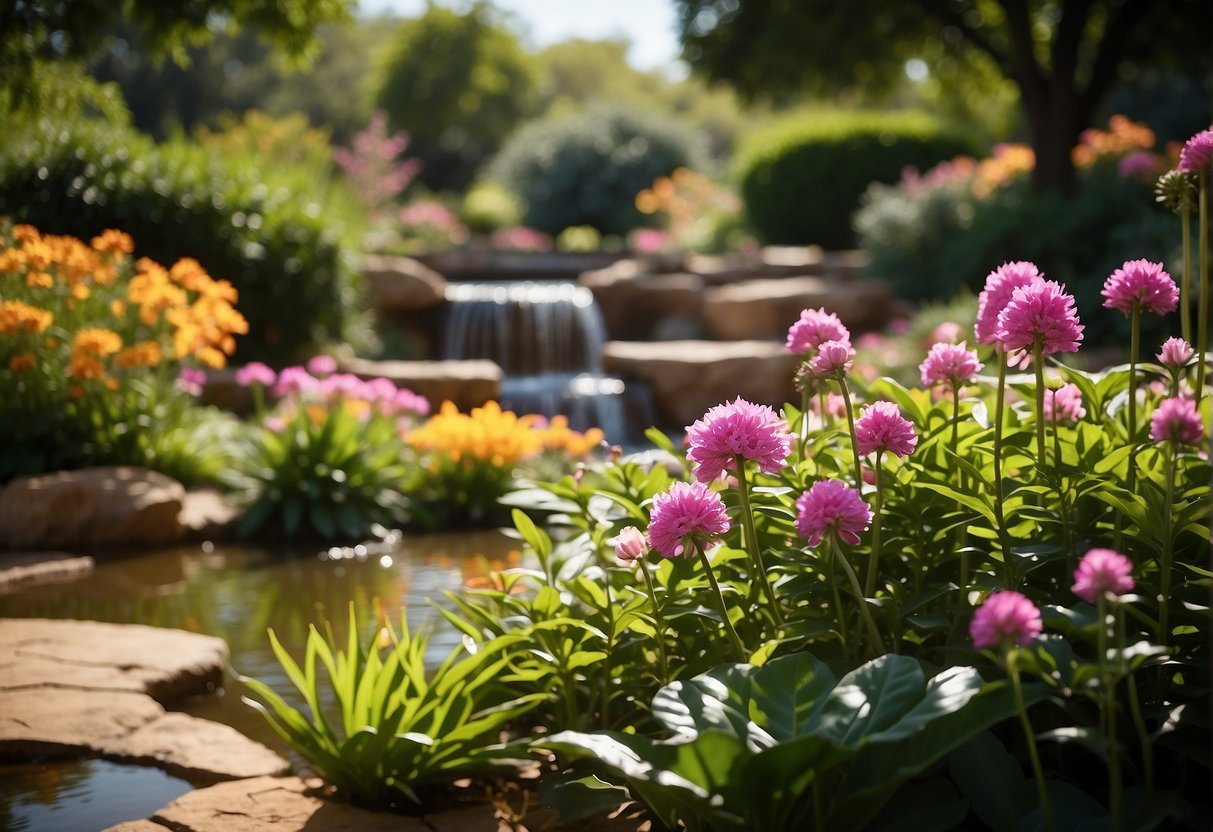 Lush gardens bloom under the warm Texan sun at Dallas Arboretum, with vibrant flowers and serene water features