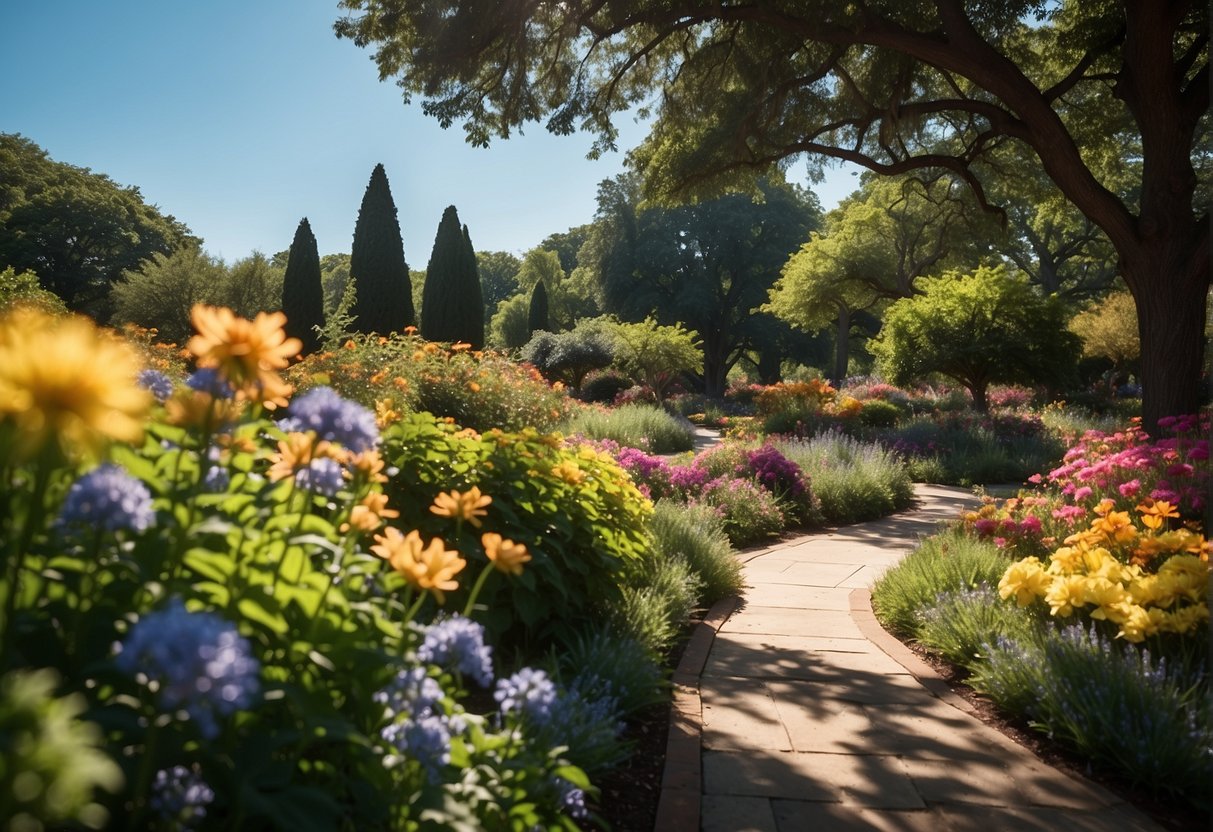 Lush gardens and colorful blooms at Dallas Arboretum in full bloom. Visitors strolling through pathways. Bright blue sky and sunshine