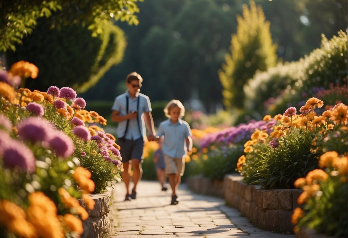 Colorful flowers bloom in the manicured gardens, while families stroll along winding pathways. The sun casts a warm glow on the picturesque setting, creating a serene atmosphere for visitors to enjoy