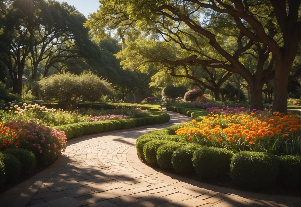 Lush gardens with vibrant flowers and winding pathways. Sunlight filters through the trees, casting dappled shadows. A sign reads "Frequently Asked Questions: Best Time To Visit Dallas Arboretum."