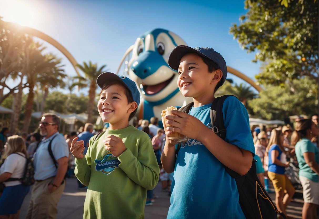 Visitors enjoying shows, rides, and animal encounters at Seaworld San Antonio on a sunny day with clear blue skies and a bustling atmosphere