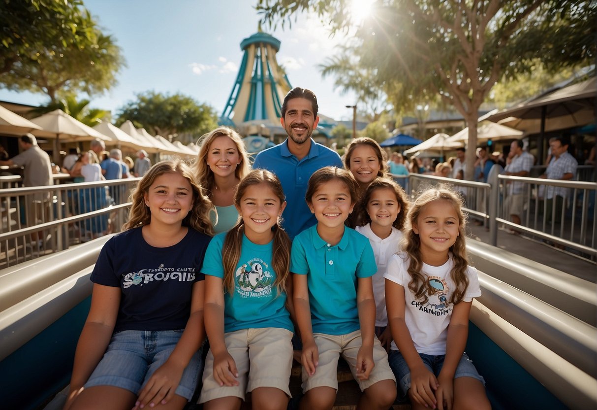 Families gather at Seaworld San Antonio, enjoying the sunny weather and various attractions. The park is bustling with excitement and laughter as visitors plan their day