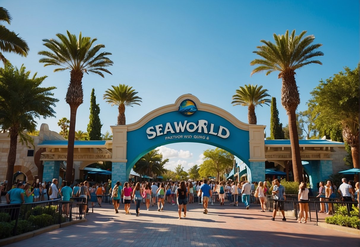 Colorful SeaWorld San Antonio entrance with a queue of excited visitors, surrounded by lush greenery and a clear blue sky