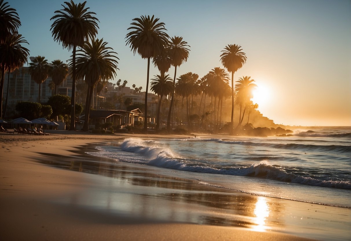 The sun shines brightly over the sandy beaches of San Diego, casting a warm glow on the crystal-clear waters. Palm trees sway gently in the ocean breeze, while surfers catch waves in the distance