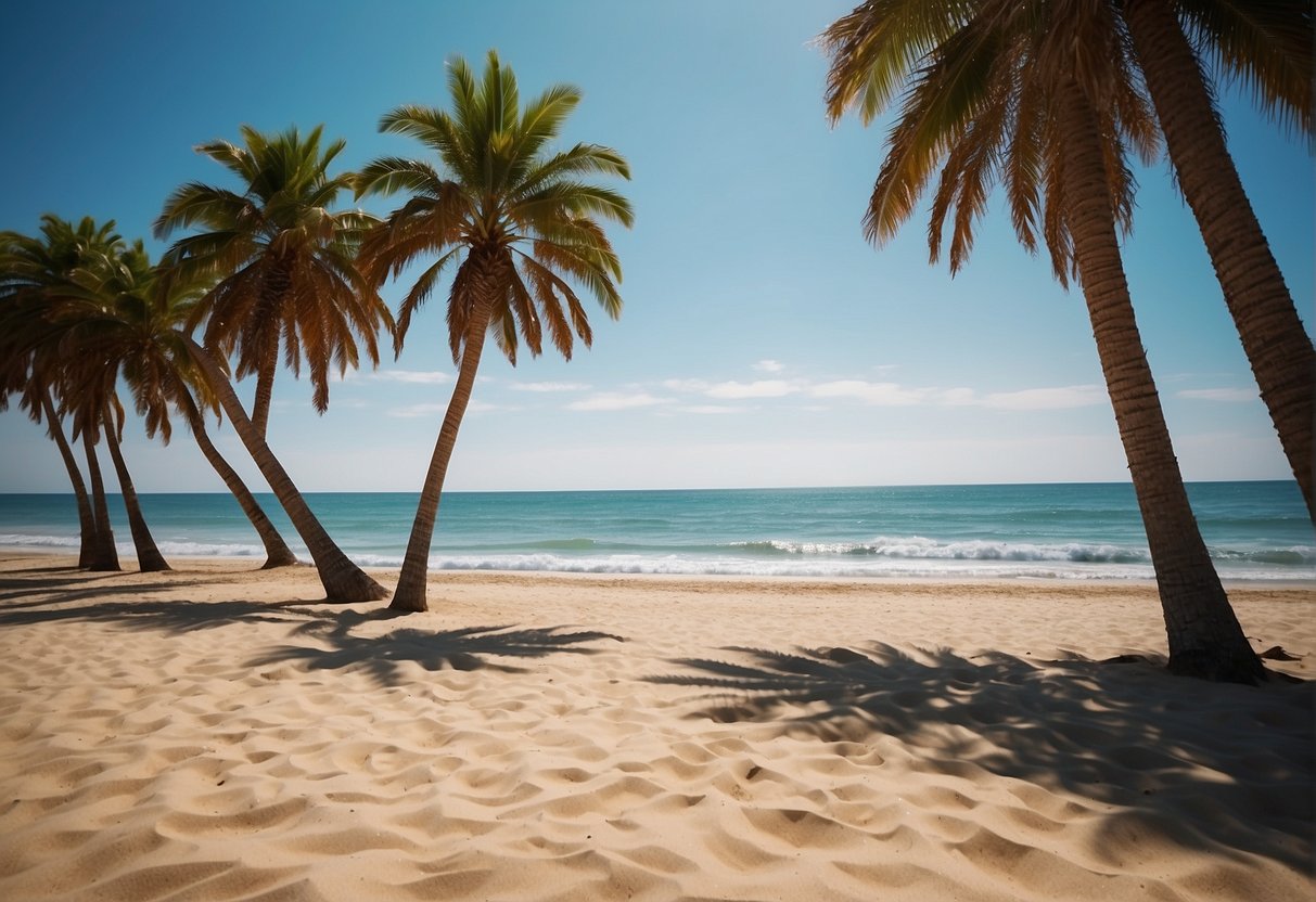 Sunny beach scene with calm waves, palm trees, and clear blue skies. Warm weather and gentle ocean breeze