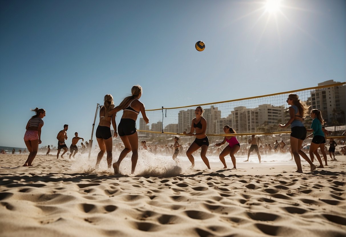 People playing volleyball, surfing, and sunbathing on a sandy beach. Annual events and festivals happening nearby. Ideal time to visit San Diego beaches