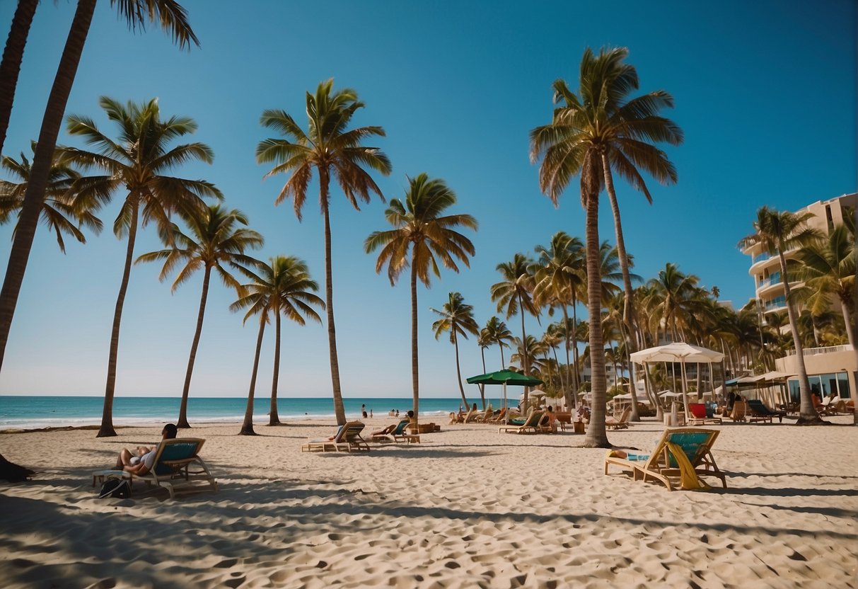 Sandy beaches with gentle waves, palm trees swaying in the breeze, and a clear blue sky overhead. Sunbathers and surfers enjoying the perfect weather