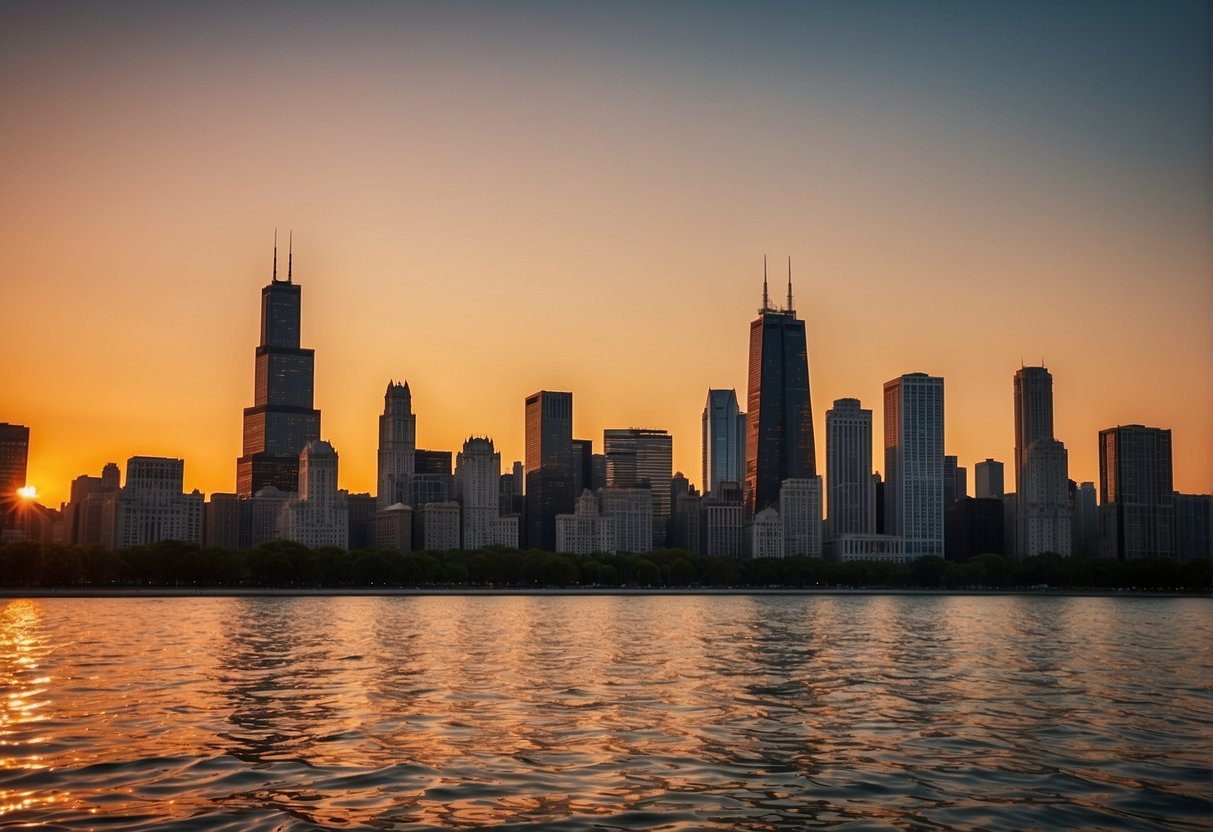 The sun sets over the Chicago skyline, casting a warm glow on the city's iconic buildings and the sparkling waters of Lake Michigan
