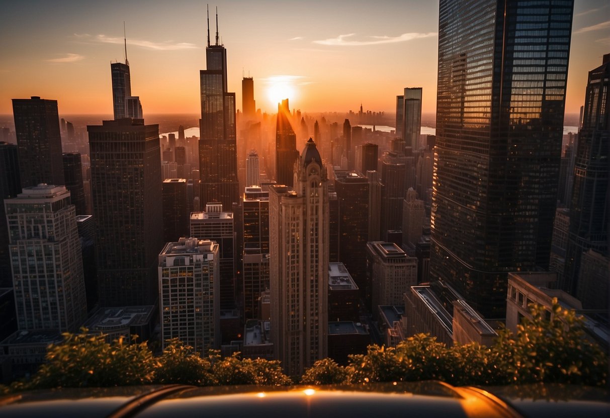 The sun sets behind the Chicago skyline, casting a warm glow over the city. The Chicago 360 observation deck is bustling with visitors, all taking in the breathtaking views of the city and Lake Michigan