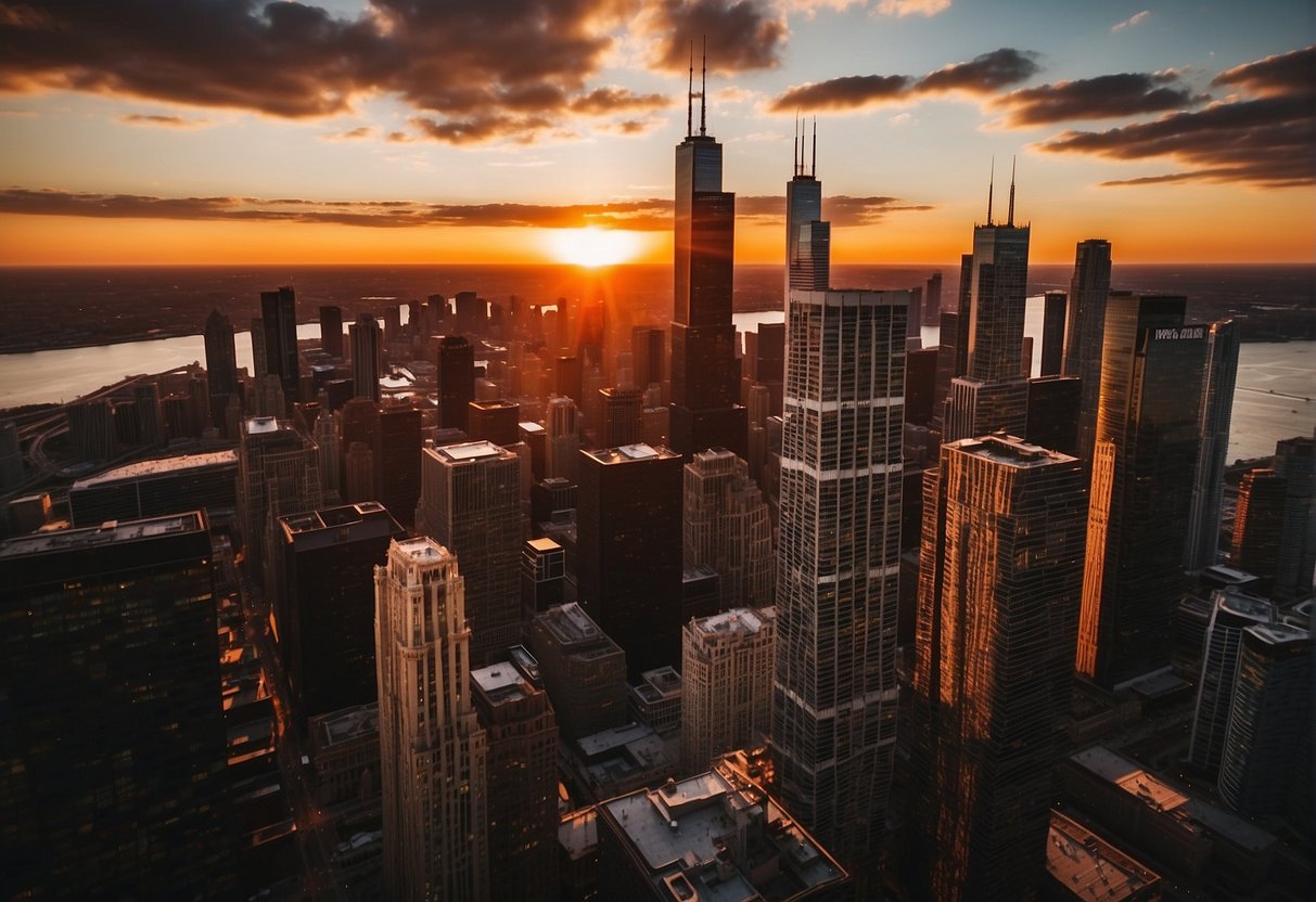 The sun sets behind the iconic Chicago skyline, casting a warm glow over the city. The Chicago 360 observation deck offers a breathtaking view of the city's famous landmarks and attractions