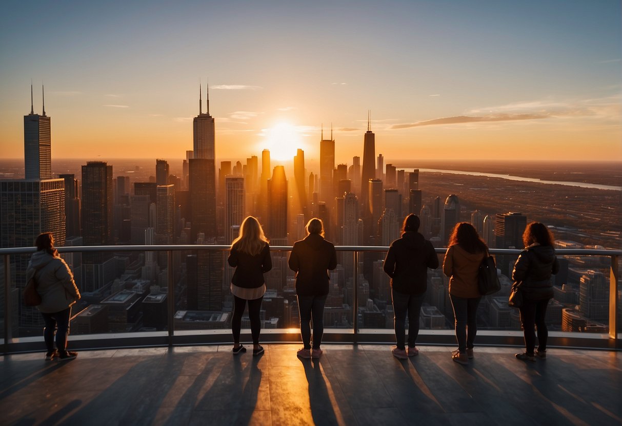 The sun sets behind the iconic Chicago skyline, casting a warm glow on the 360-degree observation deck. Tourists gather, taking in the breathtaking views of the city below
