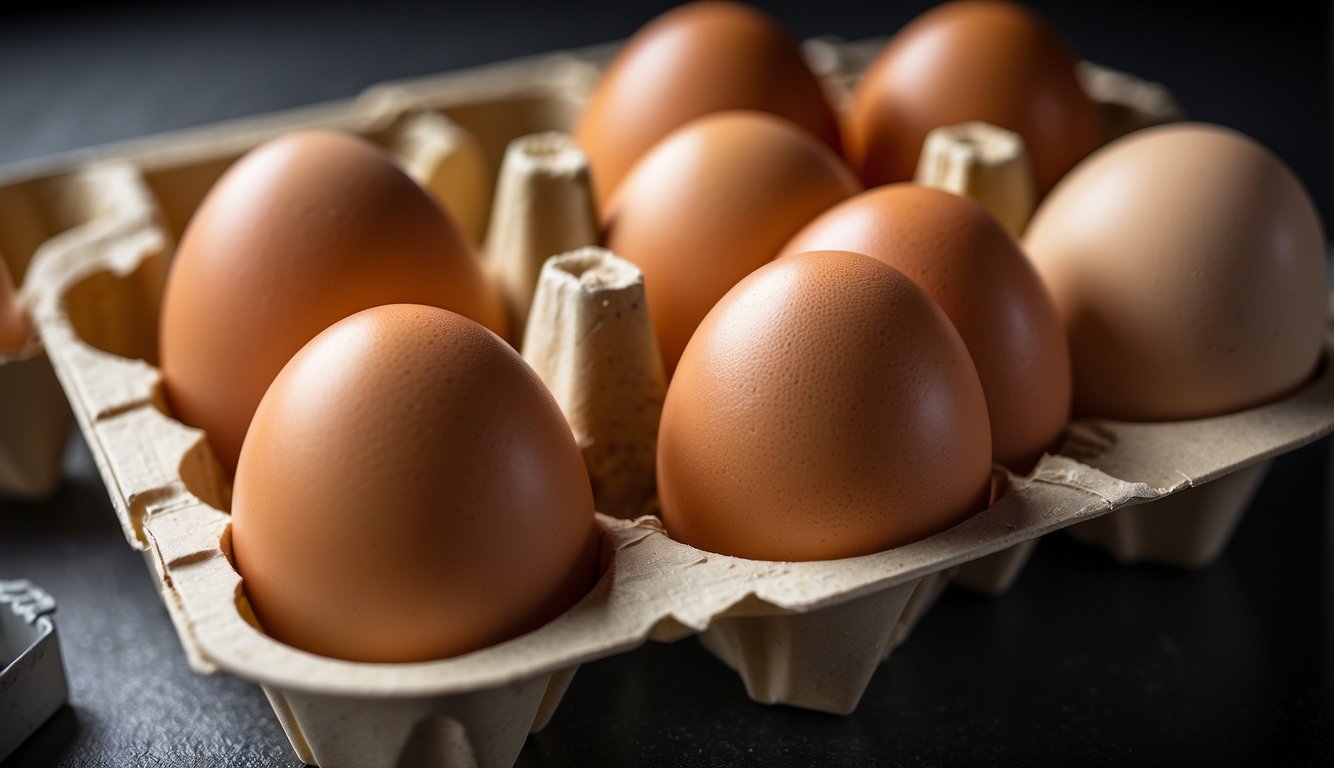 Eggs in a carton placed in the refrigerator, away from strong odors and moisture. Keep them in their original packaging with the pointed end down to help them last longer