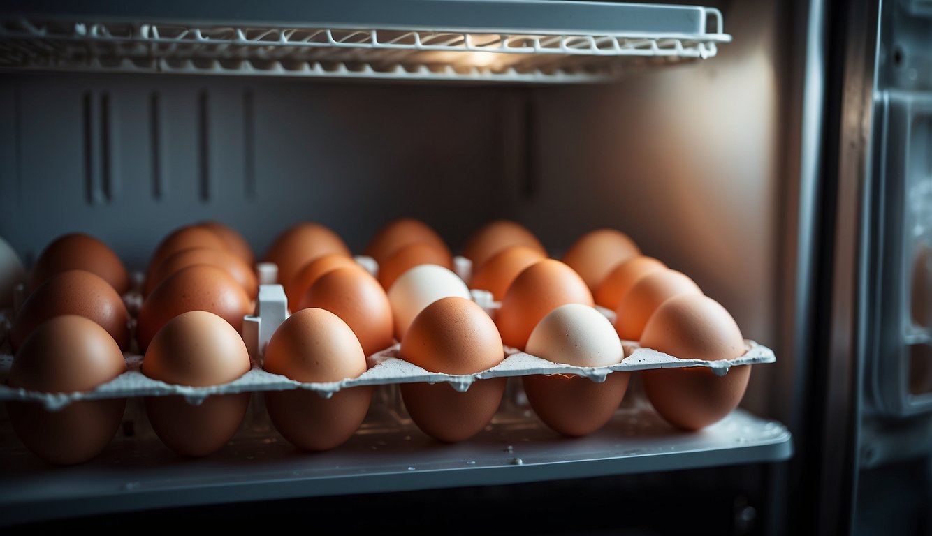 Eggs stored in a refrigerator with proper temperature control and in their original carton to prevent moisture loss and absorption of strong odors