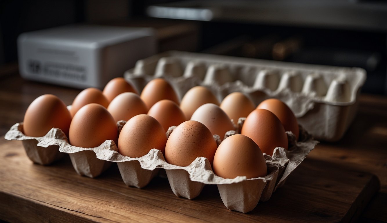 Eggs in a carton, stored in a cool, dry place. A refrigerator in the background. A calendar with dates marked for egg expiration