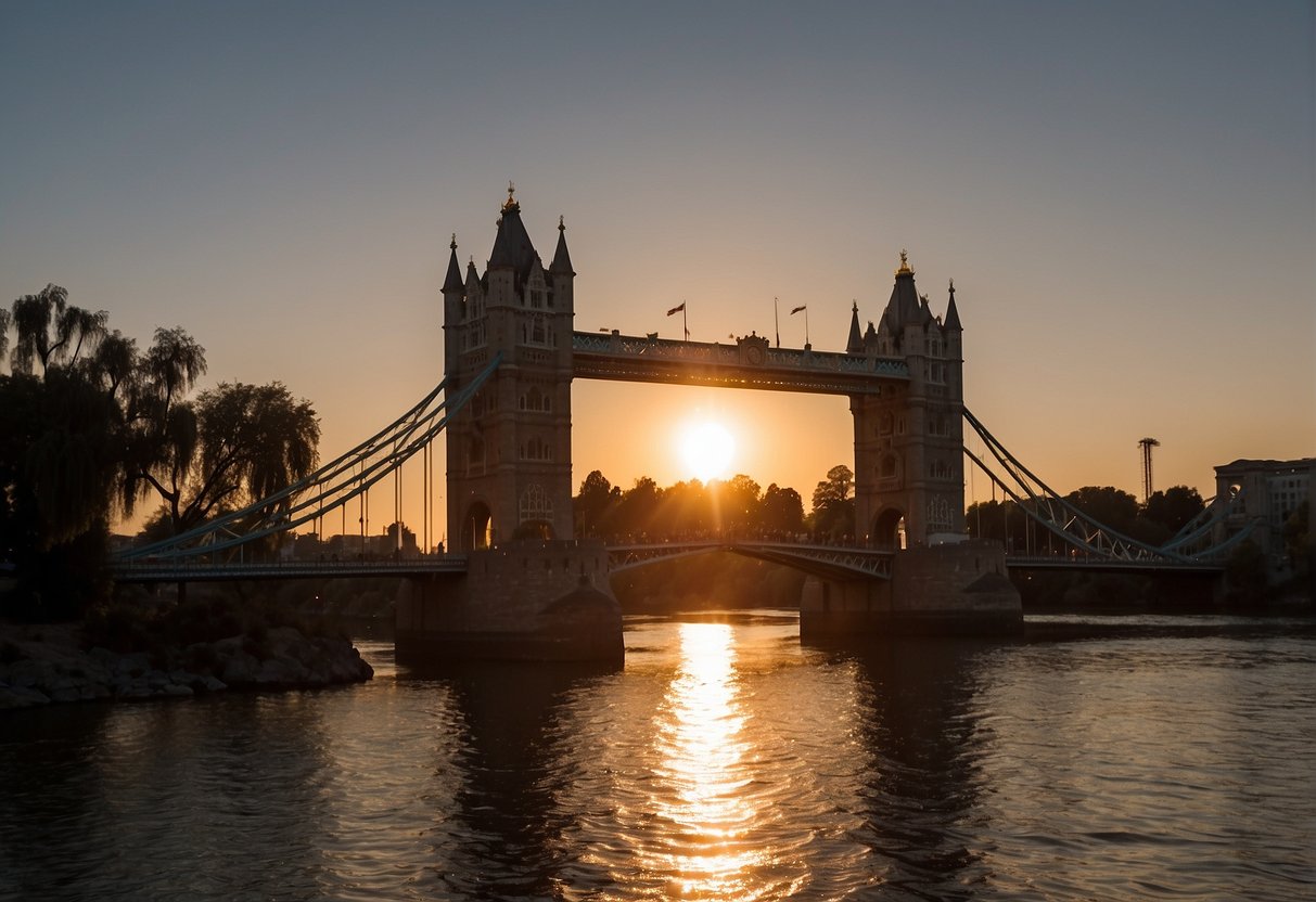 The sun sets behind the Tower Bridge, casting a warm glow over the Sacramento River. The city's skyline is illuminated by the fading light, creating a picturesque view for visitors