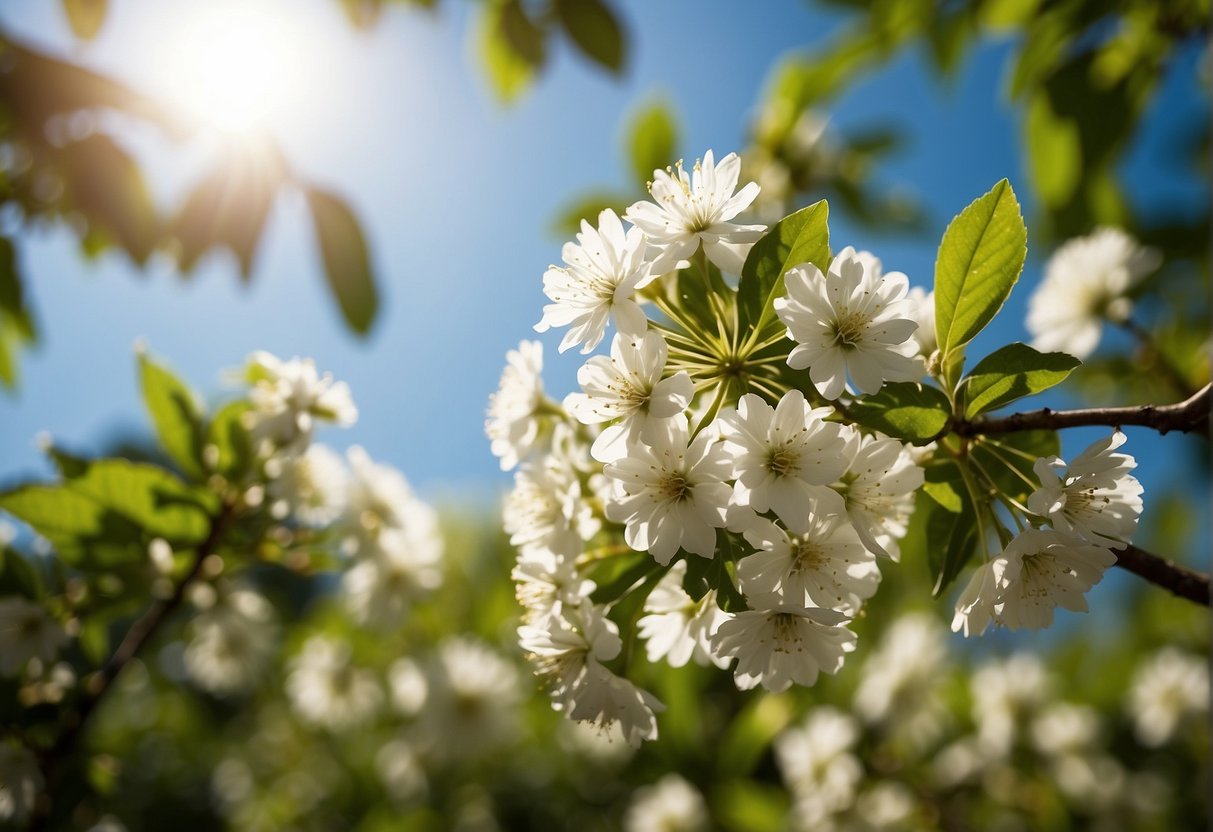 Lush green trees and blooming flowers under a clear blue sky, with the sun shining brightly. A gentle breeze rustles the leaves, creating a peaceful and inviting atmosphere for visitors