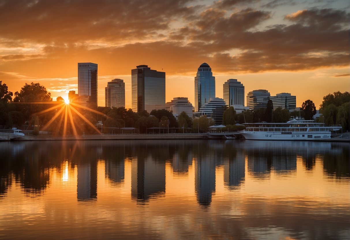 Sunset over the Sacramento skyline, with a clear sky and warm colors. A calendar with "Best Time to Visit Sacramento" highlighted