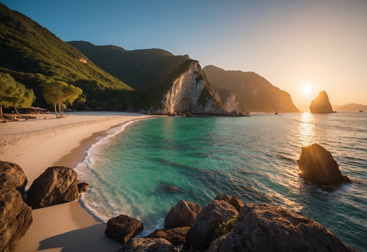 A serene beach with crystal-clear waters, surrounded by towering cliffs and lush greenery. The sun sets in the distance, casting a warm glow over the tranquil scene