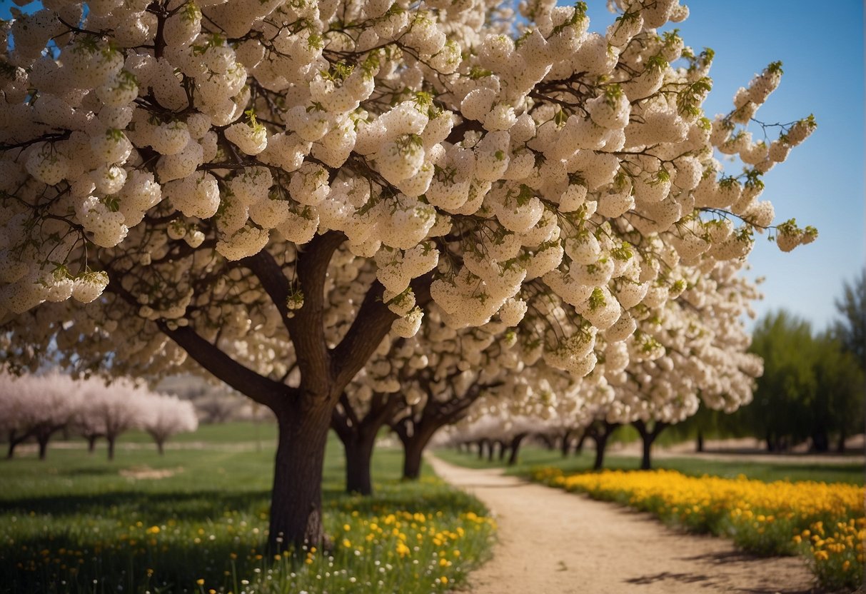 Vibrant flowers bloom along Fresno County Blossom Trail in spring. Fruit trees burst with color, creating a picturesque landscape