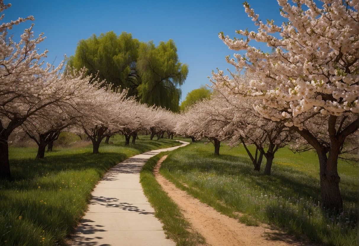 Vibrant blossoms adorn the Fresno County Blossom Trail. Trees in full bloom line a winding path, with clear blue skies overhead. A perfect time to visit