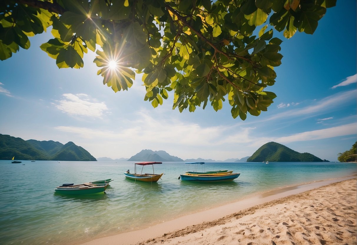 A serene beach with crystal clear waters, surrounded by lush green mountains and dotted with colorful boats. The sun is shining, and the gentle waves invite visitors to swim, snorkel, and explore the natural beauty of Zambales
