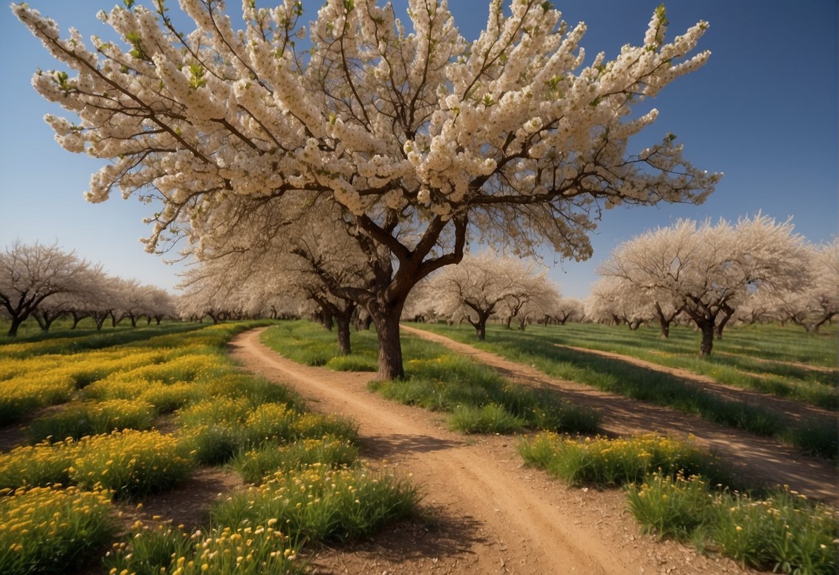 Lush orchards in full bloom line the Fresno County Blossom Trail. Bright flowers and blossoming trees create a vibrant and picturesque landscape