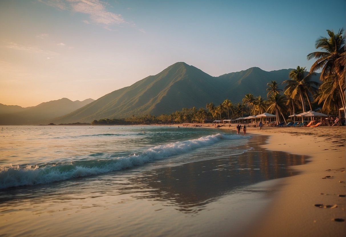 Sunset over Zambales beach with palm trees, clear blue waters, and distant mountains. Beachgoers enjoying water sports and lounging on the sand
