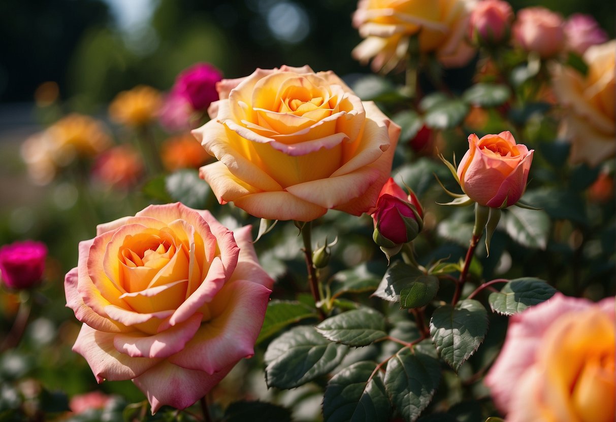 Lush, colorful roses bloom in the Portland Rose Garden, with the sun casting a warm glow over the vibrant flowers and lush greenery