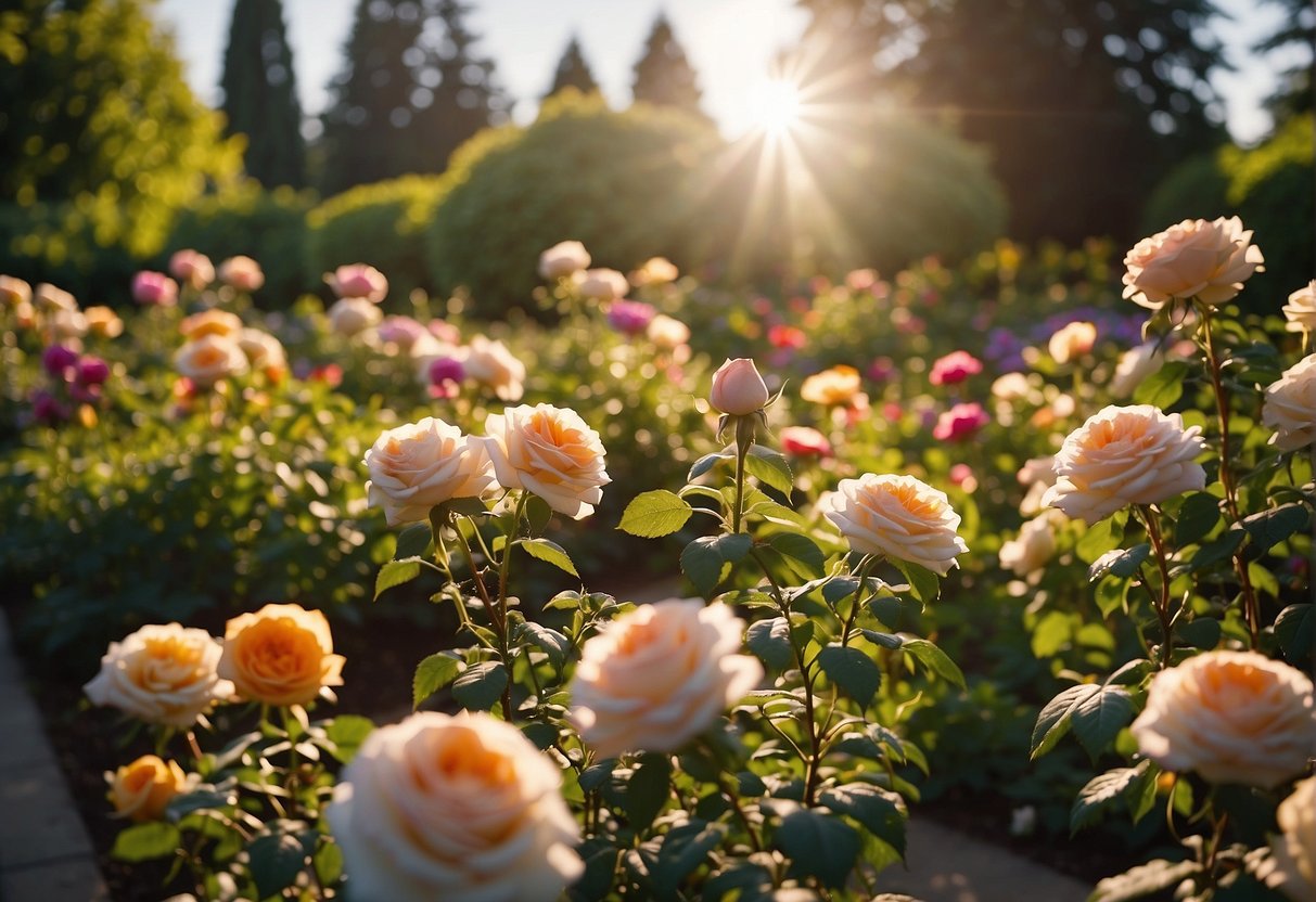 The sun shines over the vibrant Portland Rose Garden, with rows of colorful blooms and lush greenery, creating a picturesque setting for visitors to enjoy