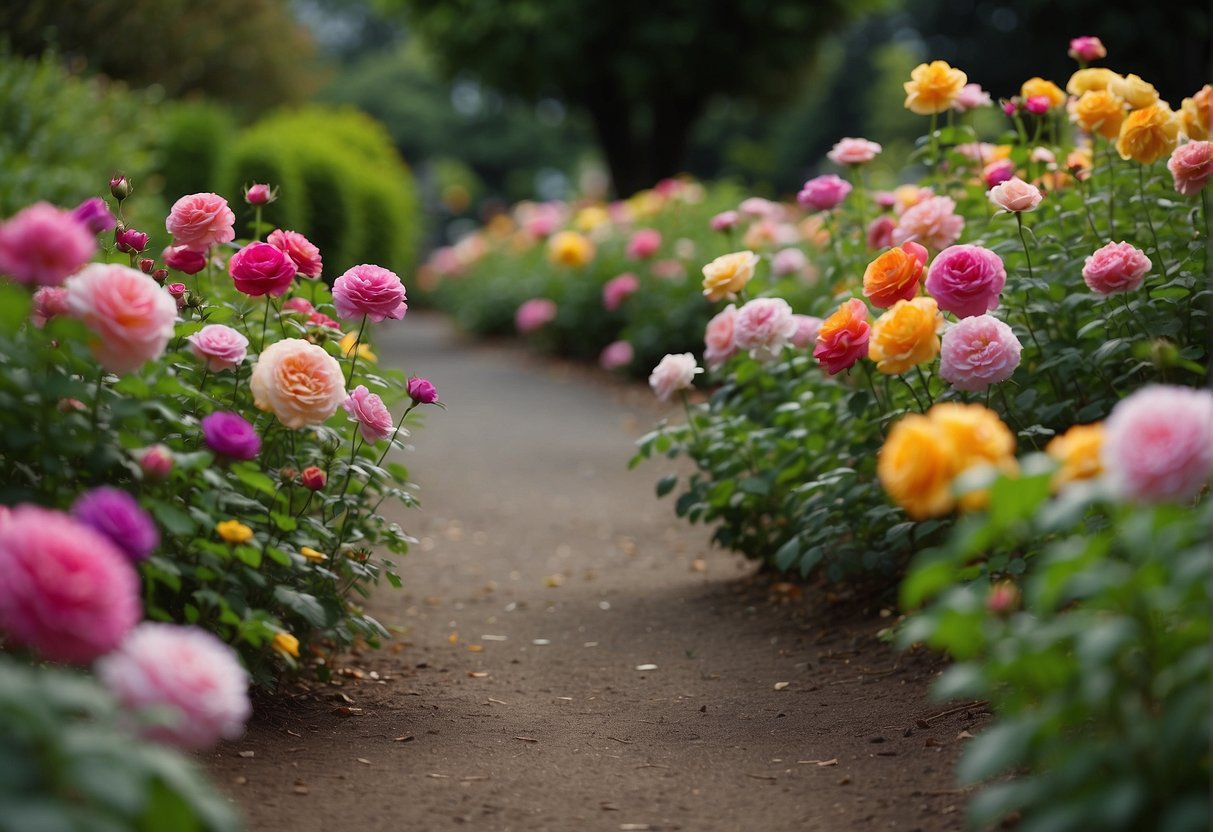 Colorful flowers bloom in the Portland Rose Garden. Visitors stroll along winding paths, taking in the fragrance and beauty. Bees buzz among the blossoms, and birds flit from tree to tree