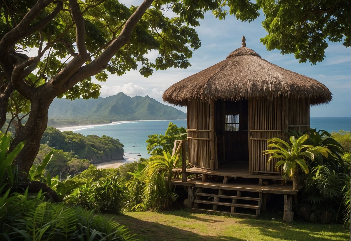 A traditional Filipino bahay kubo stands amidst lush greenery, with the stunning Zambales coastline in the background. The scene is alive with vibrant colors and cultural symbolism
