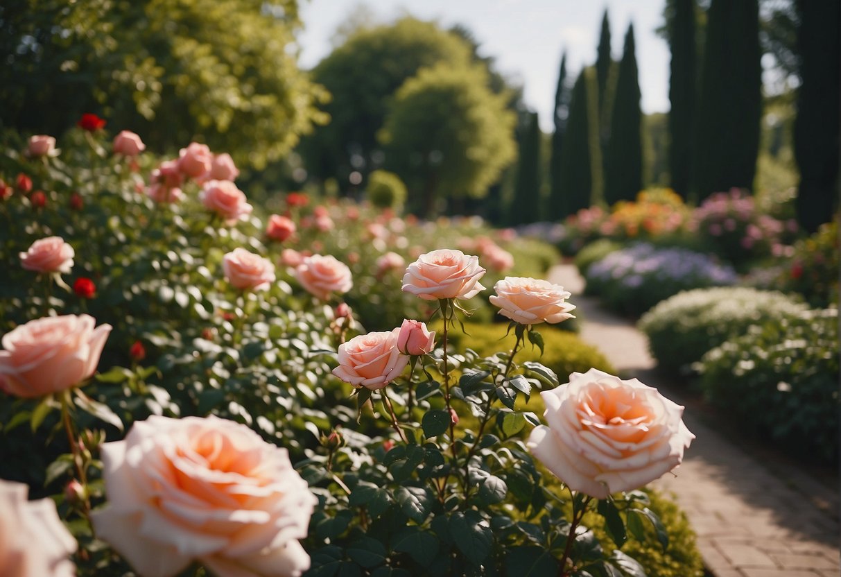 Lush rose garden with winding paths, vibrant blooms, and a serene atmosphere. Visitors strolling, taking photos, and admiring the picturesque setting