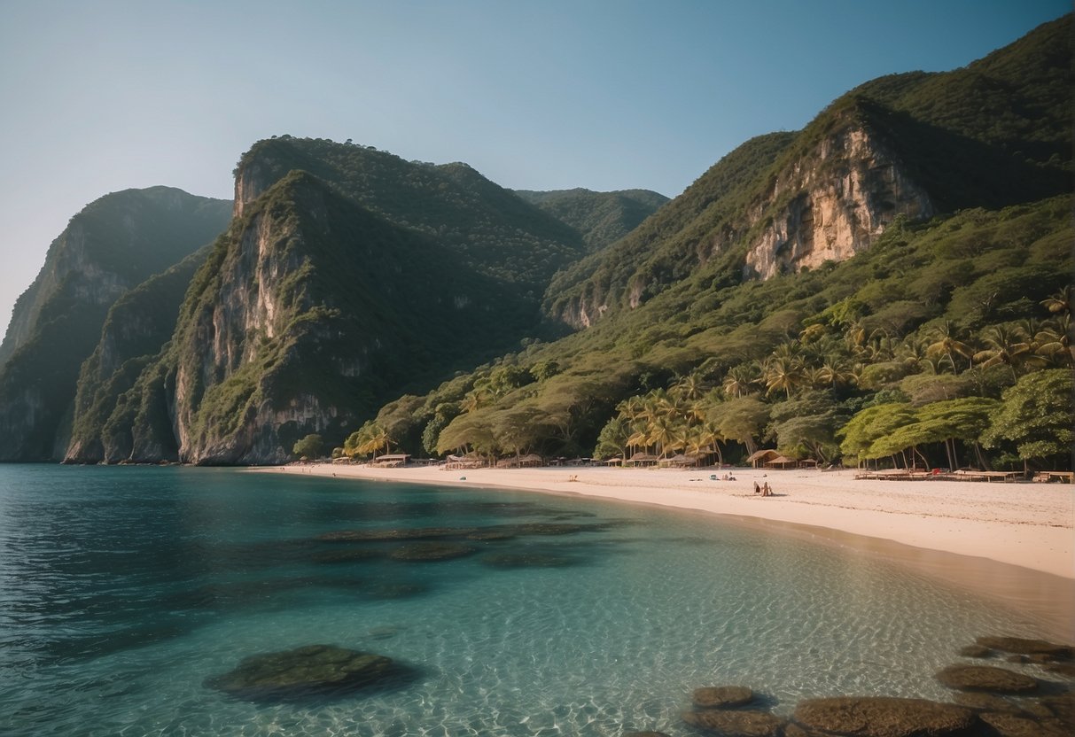 A serene beach with clear blue waters, surrounded by lush greenery and towering cliffs. A few small boats dot the horizon, and the sun is setting in the distance