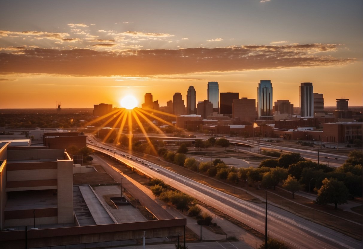 The sun sets over the Oklahoma City skyline, casting a warm glow over the city's iconic landmarks and bustling streets