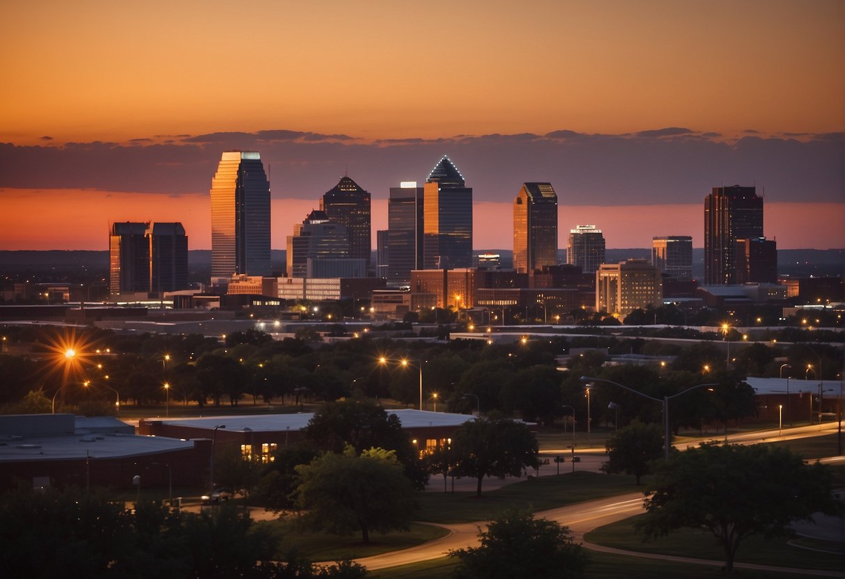 The sun sets behind the Oklahoma City skyline, casting a warm glow over the city's iconic landmarks and bustling streets