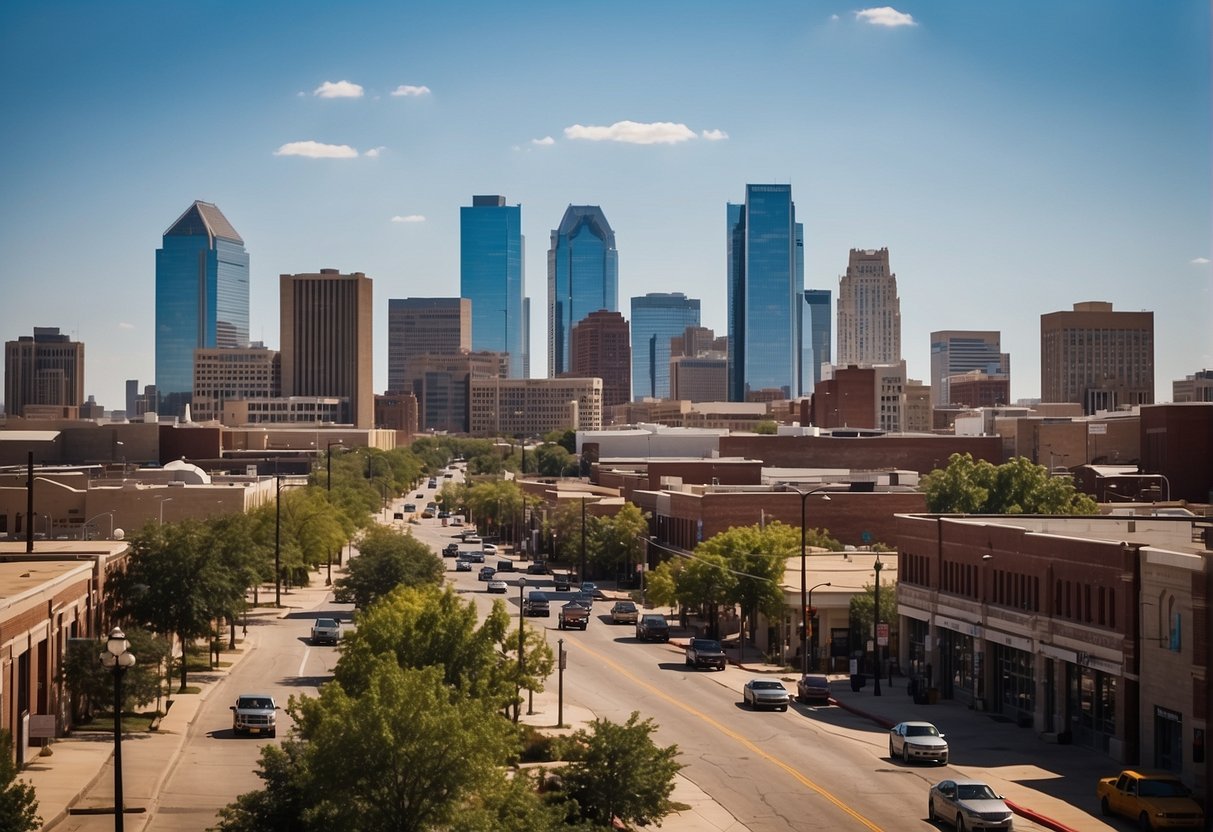 A sunny day in Oklahoma City with clear blue skies and a bustling cityscape in the background, showcasing the vibrant energy and atmosphere of the city