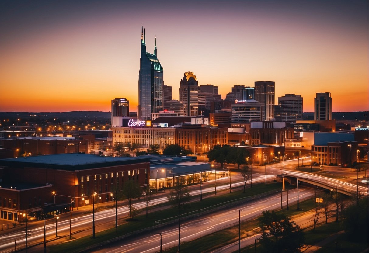 Colorful sunset over Nashville skyline with bustling streets and lively music venues. Vibrant atmosphere and warm weather make it the best time to visit