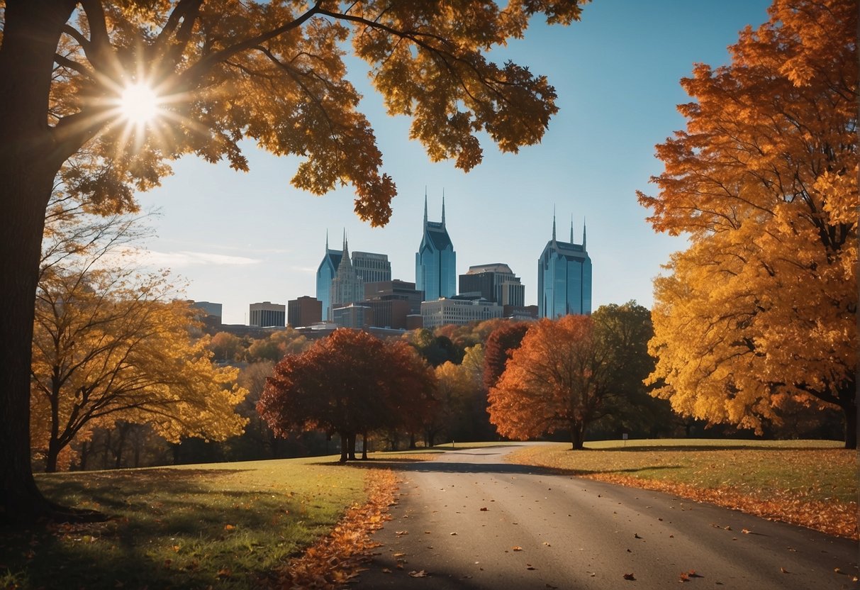 A colorful autumn landscape with falling leaves, clear blue skies, and a mild breeze, capturing the best time to visit Nashville