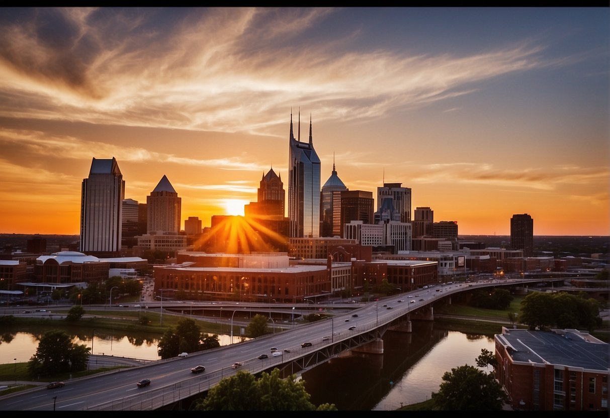 The sun sets behind the Nashville skyline, casting a warm glow over the city's iconic landmarks. The streets are alive with music and energy as visitors plan their next adventure
