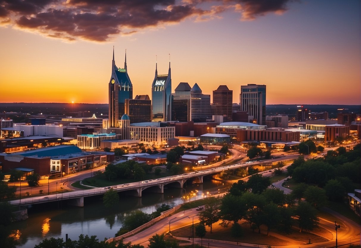 A vibrant Nashville skyline at sunset with bustling streets and live music venues