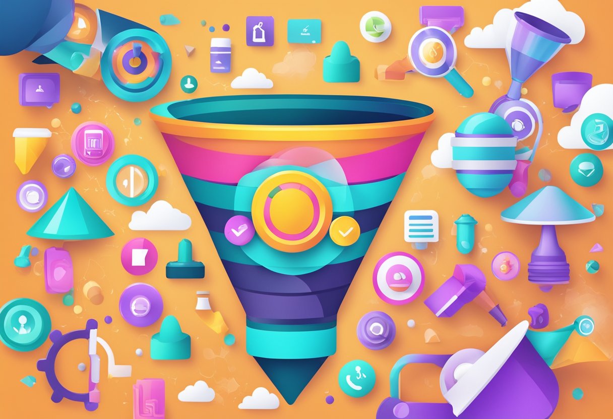 A vibrant funnel graphic with bold text and colorful icons, showcasing the top funnel builders for affiliate marketing
