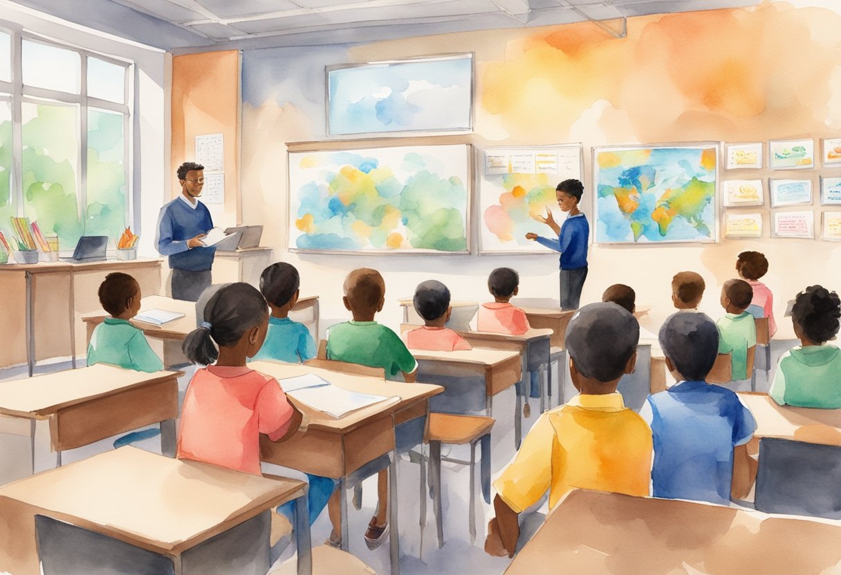 A classroom with colorful posters on the walls, students sitting attentively at their desks, and a teacher leading a discussion on the importance of gratitude