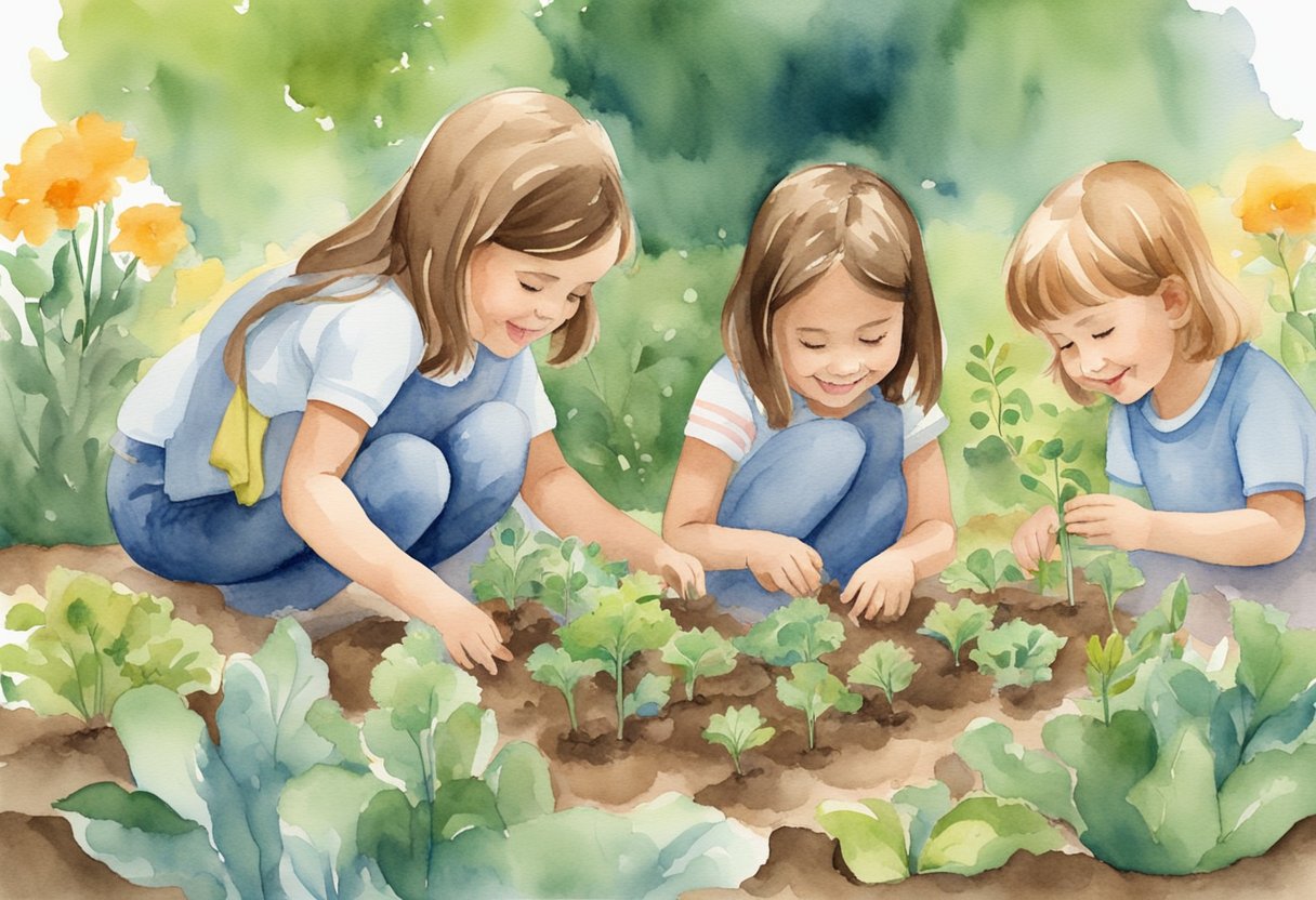 Children planting seeds in a garden, smiling as they watch the plants grow. A parent or teacher guides them, fostering a sense of gratitude for nature
