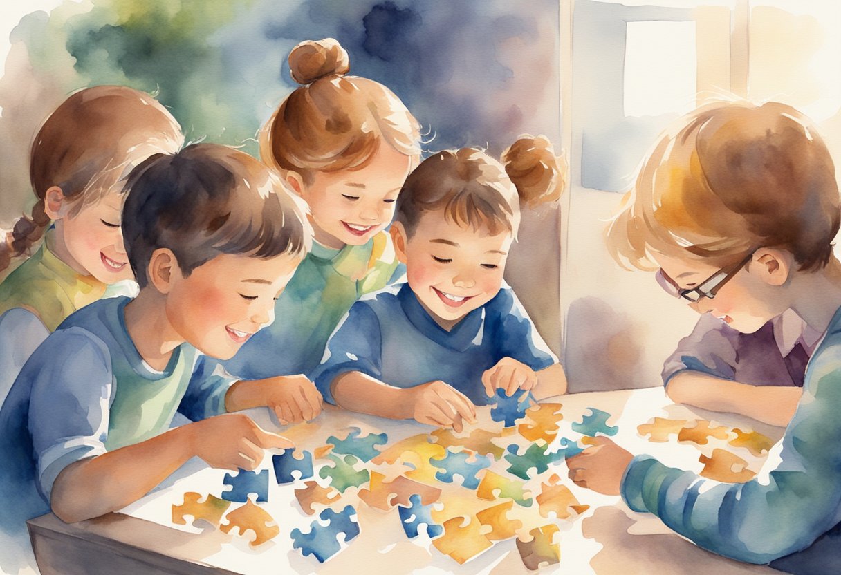 A group of children working together to solve a difficult puzzle, smiling and cheering as they finally figure it out