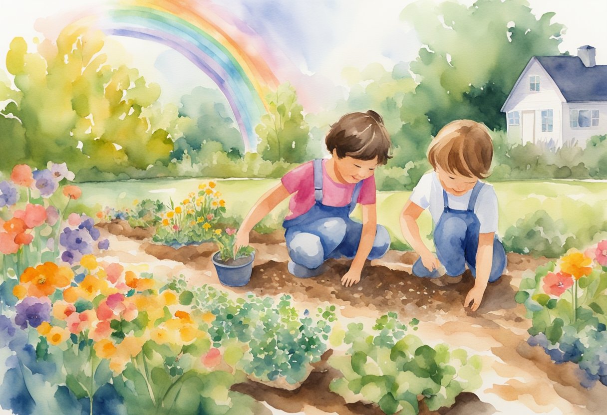 Children planting seeds in a garden, smiling as they work together. A rainbow of flowers bloom around them, symbolizing the growth of gratitude in the community